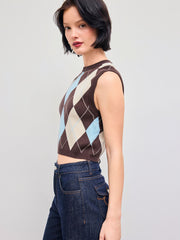 Knit Argyle Pattern Vest & Cardigan Two Piece Set