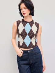 Knit Argyle Pattern Vest & Cardigan Two Piece Set