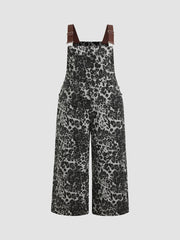 Denim Leopard Button Pocket Wide Leg Jumpsuit Curve & Plus