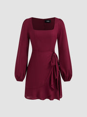 Linen-blend Square Neck Knotted Wrap Mini Dress