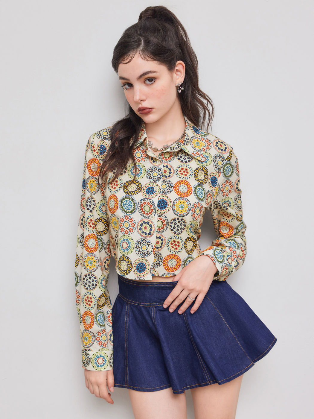 Cotton Abstract Graphic Cropped Oversized Shirt
