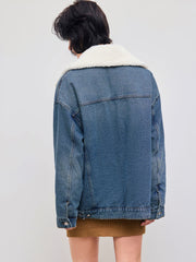 Denim Oversized Quilted Jacket With Faux Shearling Collar