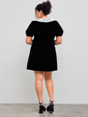 Velvet V-neck Solid Button Mini Dress Curve & Plus