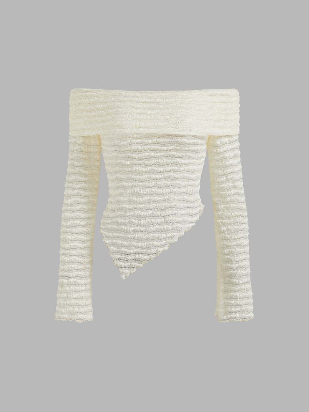 Off-shoulder Texture Solid Asymmetrical Long Sleeve Top