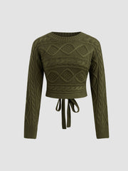 Cable Knit Round Neck Cut Out Knotted Sweater