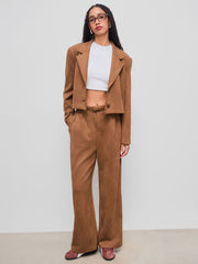 Suede Mid Rise Pocket Wide Leg Trousers With Belt