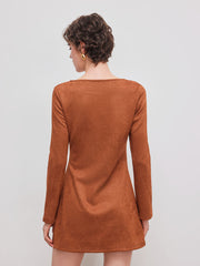 Suede Asymmetrical Neck Ruched Mini Dress