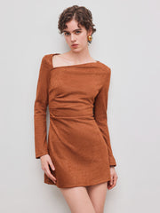 Suede Asymmetrical Neck Ruched Mini Dress