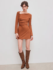Suede Asymmetrical Neck Ruched Mini Dress