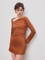 Suede Asymmetrical Neck Ruched Mini Dress