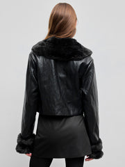 Faux Leather Collar Button Shearling Jacket