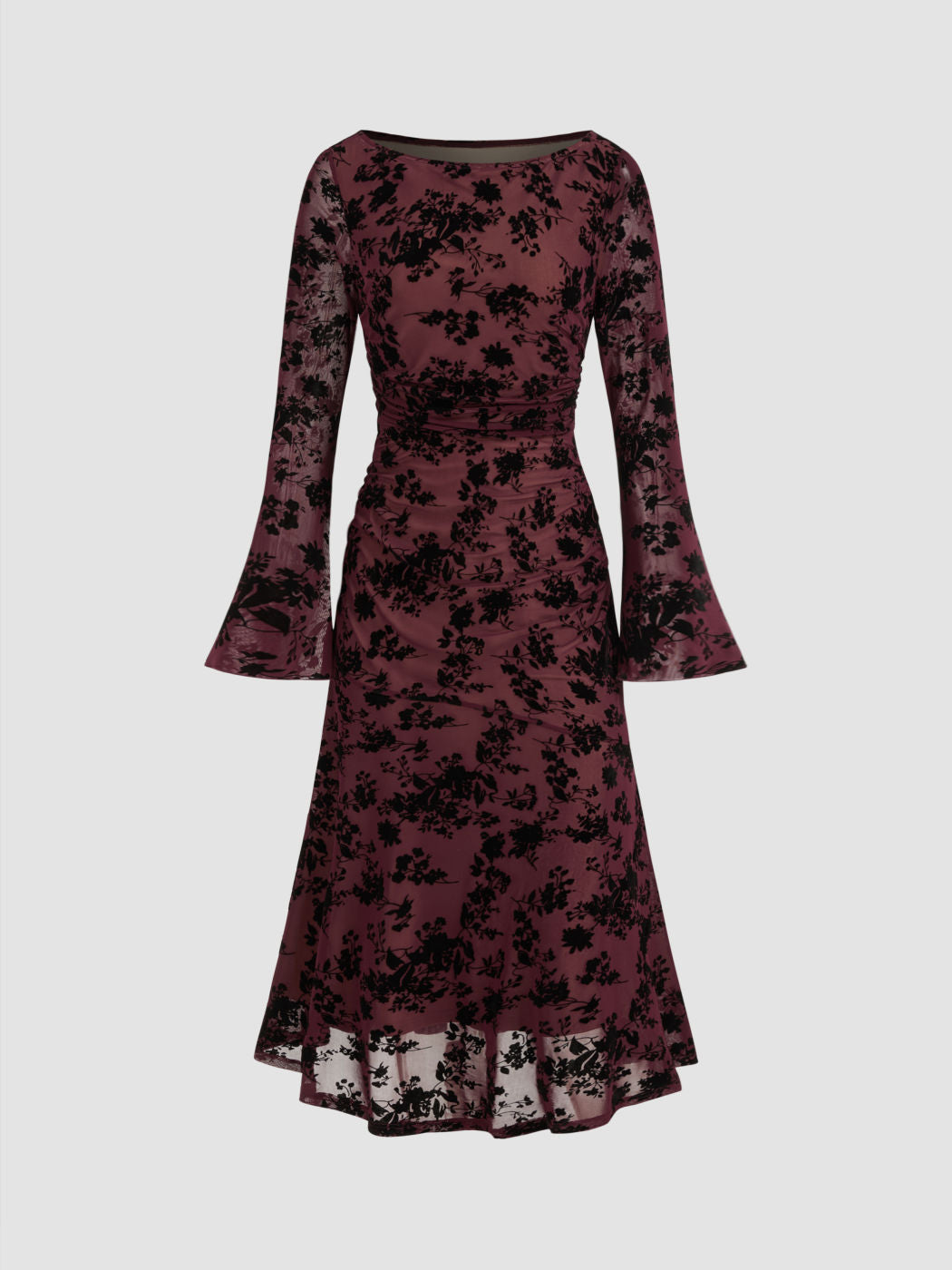 Mesh Boat Neck Floral Ruched Long Sleeve Maxi Dress