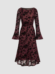 Mesh Boat Neck Floral Ruched Long Sleeve Maxi Dress