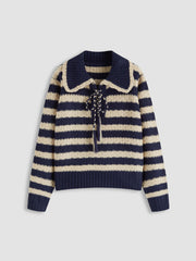 Knit Collar Striped Knotted Oversized Sweater