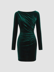 Velvet Boat Neck Ruched Mini Dress