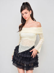 Off-shoulder Texture Solid Asymmetrical Long Sleeve Top