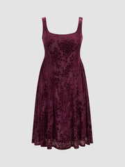 Velvet U-neckline Floral Pleated Midi Dress Curve & Plus