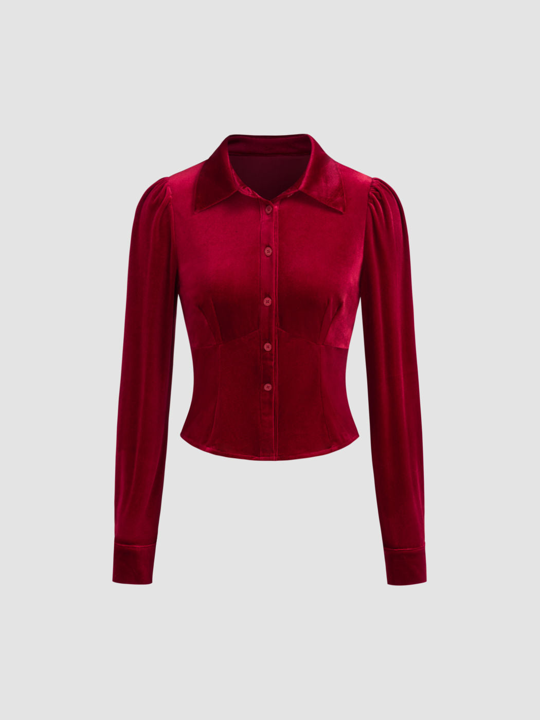 Velvet Collar Solid Button Long Sleeve Blouse