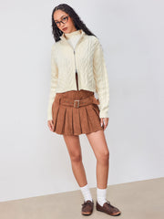 Cable Knit Stand Collar Zipper Oversized Cardigan