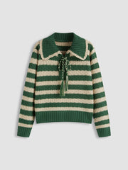 Knit Collar Striped Knotted Oversized Sweater