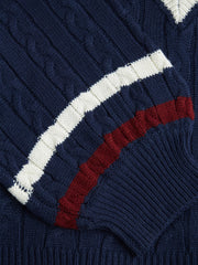Cable Knit V-neck Contrasting Binding Long Sleeve Top