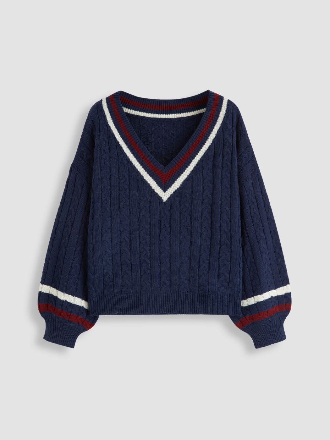 Cable Knit V-neck Contrasting Binding Long Sleeve Top