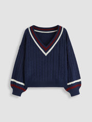 Cable Knit V-neck Contrasting Binding Long Sleeve Top