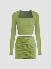 Lurex-blend Square Neck Ruched Crop Top & Mid Rise Mini Skirt Set