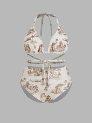 Shaping Halter Toile de Jouy Triangle Cheeky Bikini Set & Sarong Curve & Plus