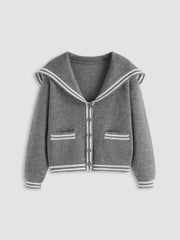 Knit Sailor Collar Solid Button Cardigan Curve & Plus