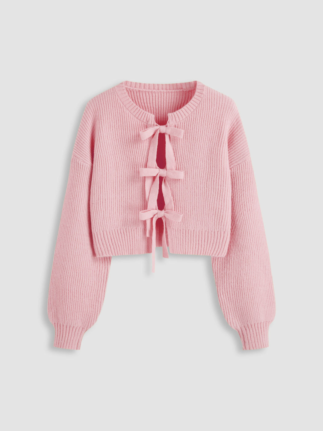 Knit Round Neck Solid Tie Front Bowknot Cardigan