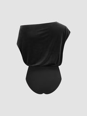 Velvet Asymmetrical Neck Ruched Bodysuit