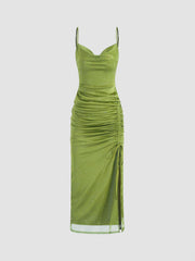 Cowl Neck Glitter Ruched Split Drawstring Maxi Dress