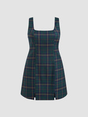 Square Neckline Plaid Zipper Mini Dress Curve & Plus