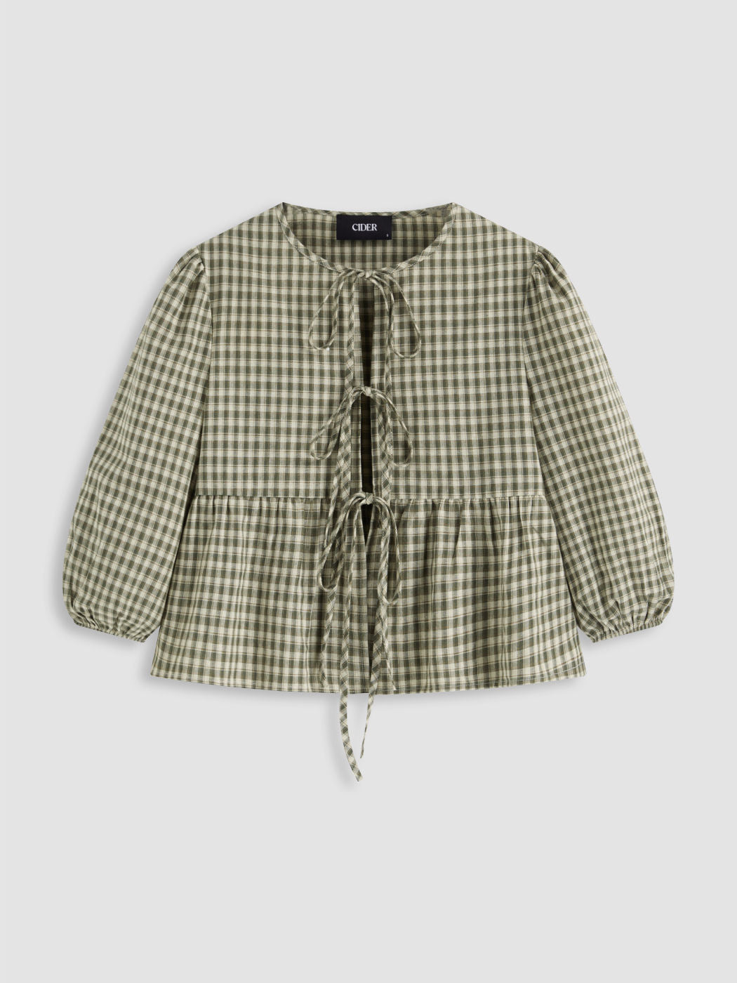 100% Cotton Round Neckline Gingham Tie Front Long Sleeve Blouse
