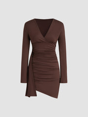 Jersey V-neck Ruched Asymmetrical Hem Mini Dress