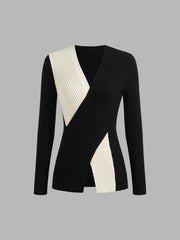 Knit V-neck Two Tone Long Sleeve Top