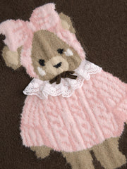 Knit Round Neckline Bear Contrasting Binding Sweater