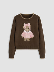 Knit Round Neckline Bear Contrasting Binding Sweater