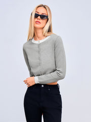 Knit Round Neckline Two Tone Cardigan
