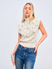 Knit High Neck Flower Pom-Pom Short Sleeve Top