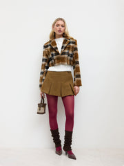 Wool-like Collar Checks Button Crop Jacket