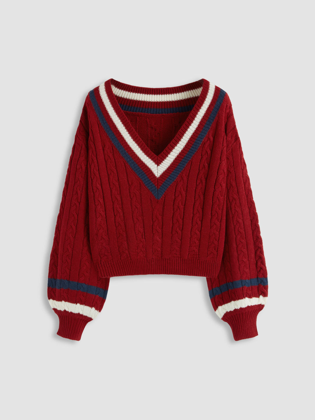 Cable Knit V-neck Solid Contrasting Binding Long Sleeve Top