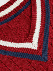 Cable Knit V-neck Solid Contrasting Binding Long Sleeve Top