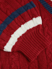Cable Knit V-neck Solid Contrasting Binding Long Sleeve Top