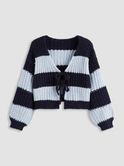 Knit V-neck Striped Tie Front Oversized Cardigan Curve & Plus