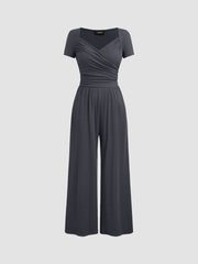 V-neck Solid Ruched Straight Leg Jumpsuit