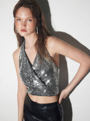 Sequins V-neck Halter Crop Top