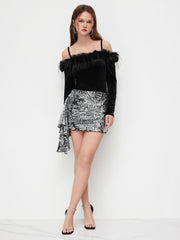 Sequins Low Rise Ruffle Hem Mini Skirt