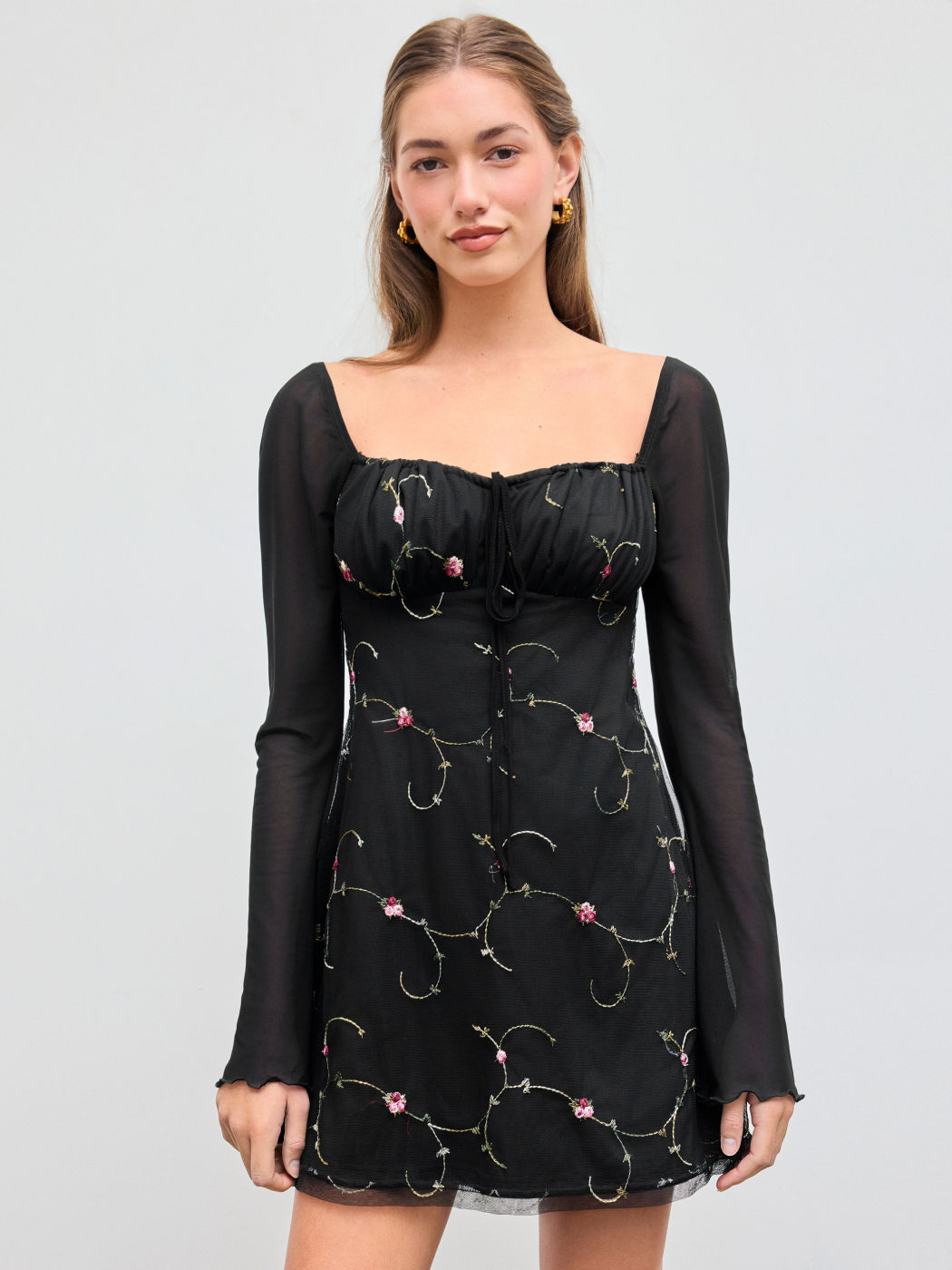 Mesh Sweetheart Neckline Floral Mini Dress